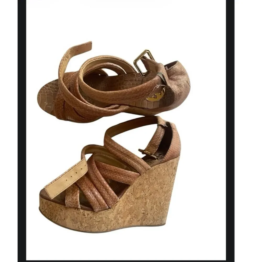 Tory Burch Jeanine Brown Snake Print Cork Wedge Sandals